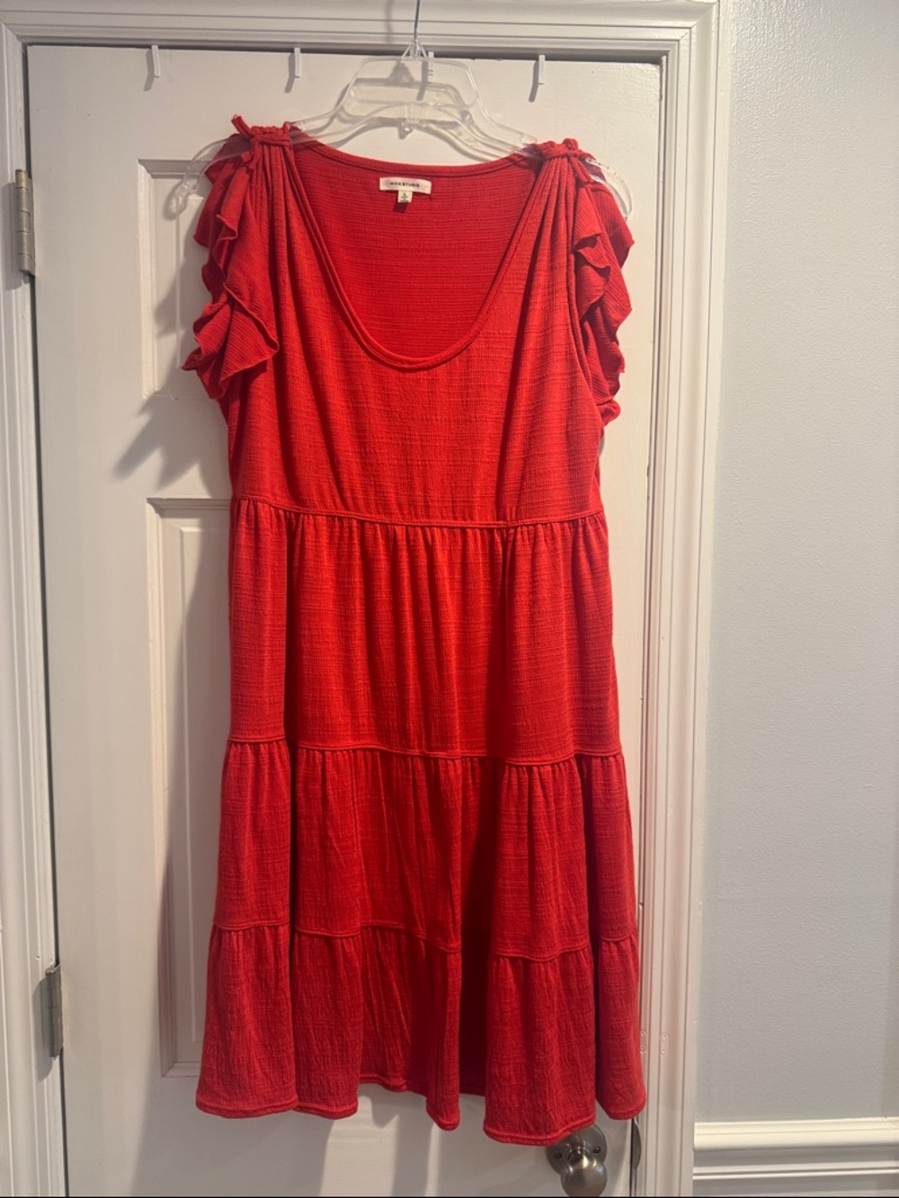 Max Studio Red Tiered Midi Dress with Ruffle Sleeves